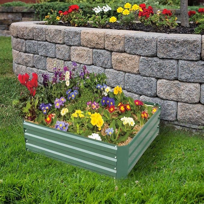 4x4x1ft Metal Raised Garden Bed Kit,Galvanized Garden Bed Box for Vegetables, Flowers, Herbs, and Succulents,120 Gallon Capacity - Green