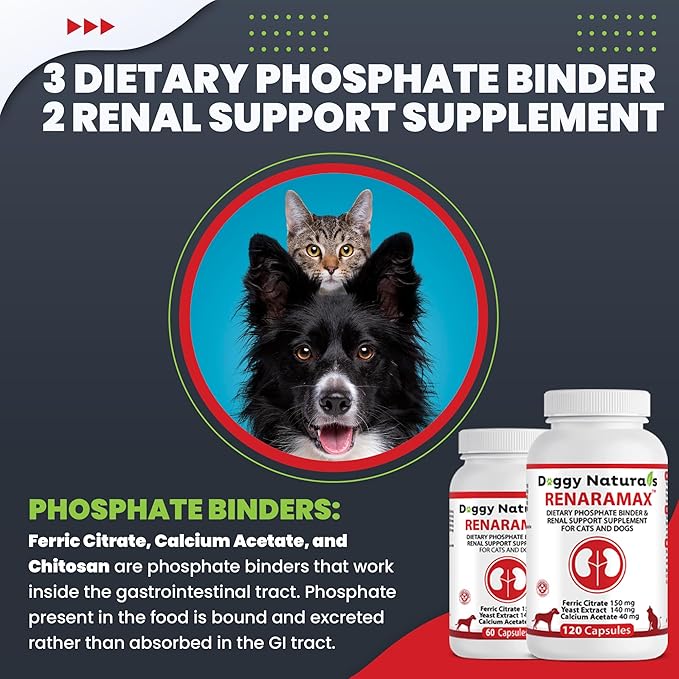 RENARAMAX Dietary Phosphate Binder and Renal Support Supplement for Cats and Dogs 120 Count (Made in U.S.A)
