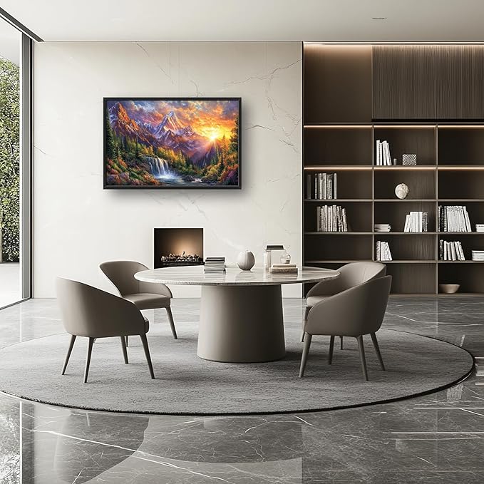 Large Mountain Tree Wall Art for Living Room, Framed Oversized Sunset Waterfall Wall Decor Nature Landscape Canvas Painting Modern Artwork for Living Room Bathroom Bedroom Office Dining Room 36"x24"
