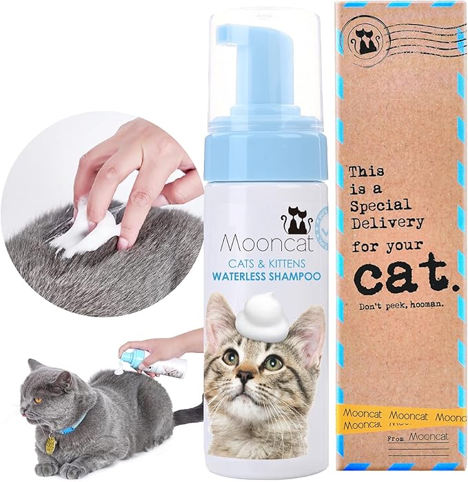 Mooncat Waterless Cat Grooming Bundle โ No Rinse Foam Shampoo (5oz) + Cat Ear Cleaning Finger Wipes (40ct) | Licking Safe, pH Balanced, Dry Bath for Sensitive Cats, Removes Ear Wax & Dirt, Daily Pet H