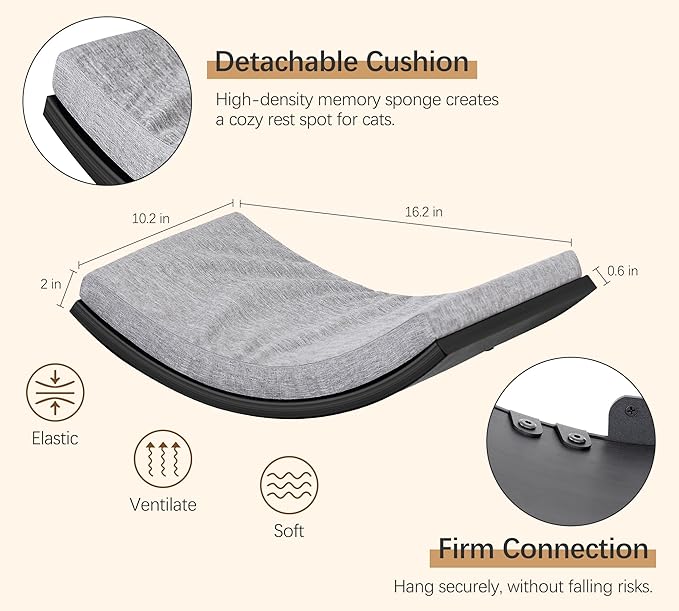 Curved Cat Wall Hammock Bed with Grey Foam Cushion – Floating Cat Wall Shelf Nest for Climbing, Sleeping & Lounging
