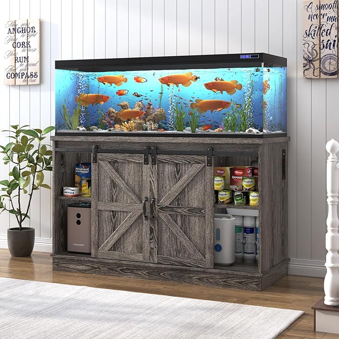 Farmhouse 55-75 Gallon Fish Tank Stand with Power Outlet, Aquarium Stand with Cabinet&Sliding Barn Door, Heavy Duty Reptile Tank Stand for 2 Fish Tank/Turtle Tank/Reptile Terrarium, Grey