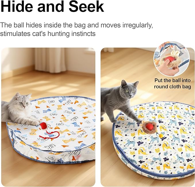 Interactive Cat Toys Ball - 2pcs Automatic Fast Rolling Ball in Play Mat, Hide and Seek Mouse Catching Game, Low-Noise Cat Enrichment Toys in Pouch for Indoor Bored Cats(Paw Print Pattern - Square)
