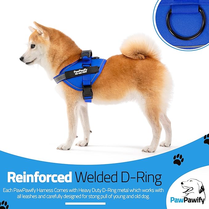 PawPawify Custom No Pull Dog Harness with Name and Phone Number, Heavy Duty Personalized Pet Vest to Prevent Tugging, Pulling, or Choking, Training and Walking (New Blue, XL (60-85 LBS))