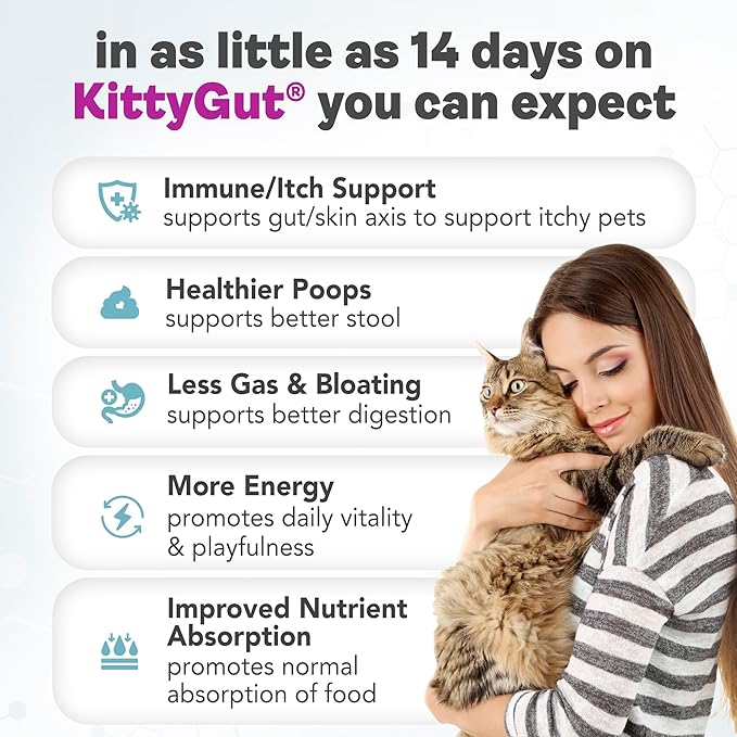 KittyGut 3-in-1 Organic Cat Probiotics & Postbiotic Supplement Powder- Made in USA-Probiotics for Cats Promote Gut Health and Cat Digestive Support, Diarrhea and Vomiting (90g)