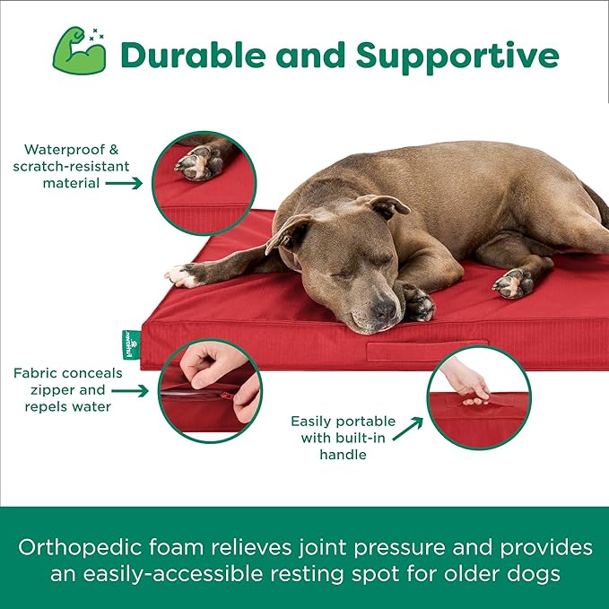 FurHaven Cooling Dog Bed – XXL Foam Mattress for Joint Pain Relief, Waterproof Liner, Removable Washable Cover, Durable for Outdoor Use, Deluxe Grid Indoor/Outdoor Bed – Red, Jumbo Plus