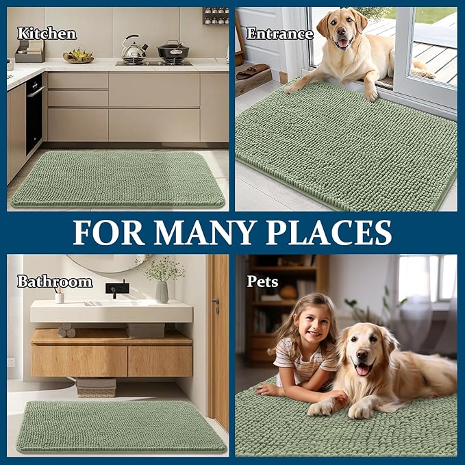 OLANLY Dog Door Mat for Muddy Paws 36x24, Absorbs Moisture and Dirt, Absorbent Non-Slip Washable Doormat, Quick Dry Chenille Mud Mat for Dogs, Entry Indoor Entryway Carpet for Inside Floor, Sage Green