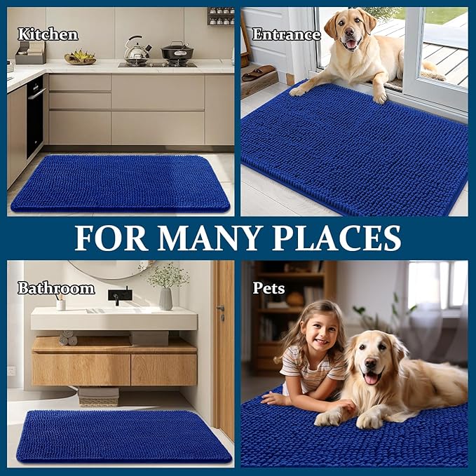 OLANLY Dog Door Mat for Muddy Paws 44x24, Absorbs Moisture and Dirt, Absorbent Non-Slip Washable Doormat, Quick Dry Chenille Mud Mat for Dogs, Entry Indoor Entryway Carpet for Inside Floor, Royal Blue