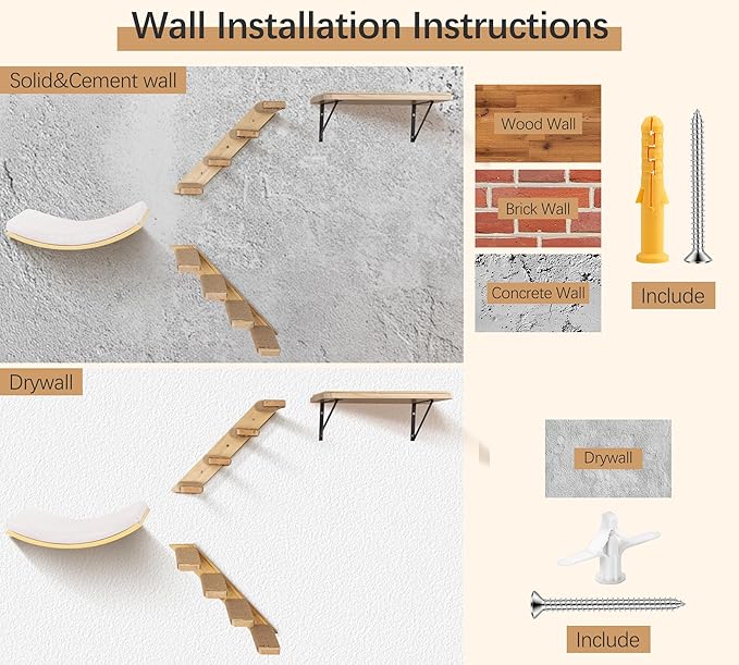 Cat Wall Shelves with Cats Window Perch – 4-Piece Wooden Cat Climbing Furniture Set with Soft Foam Curved Bed, Flat Shelf & 2 Wall 4-Steps Ladders