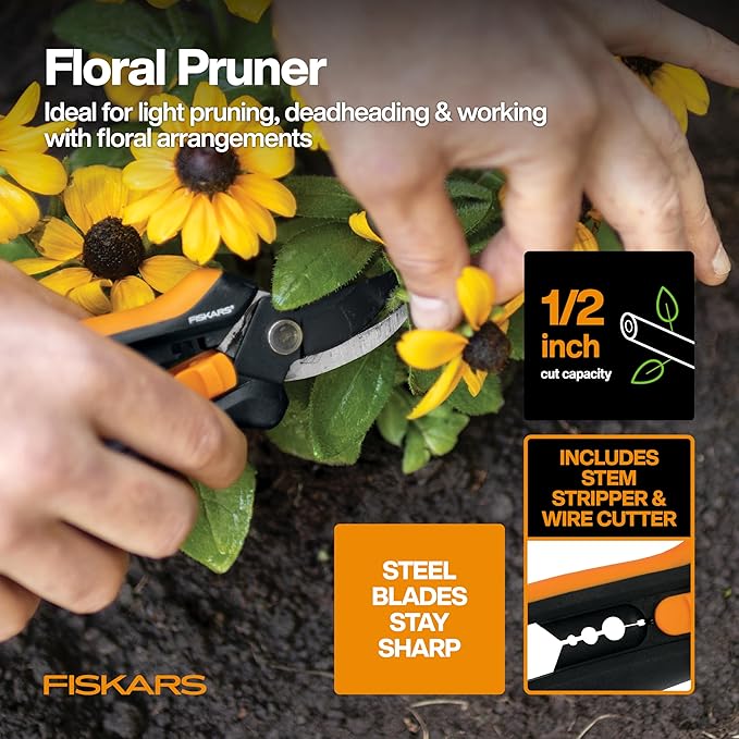 Fiskars Flower Gardening Tool Gift Set with Floral Pruner, Trowel, Cultivator, Garden Gloves, and Ultra-Light Kneeling Cushion for Outdoor Use (5 Piece Kit)