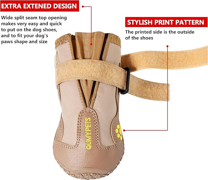 QUMY Dog Shoes for Large Dogs, Medium Dog Boots & Paw Protectors for Winter Snowy Day, Summer Hot Pavement, Waterproof in Rainy Weather, Outdoor Walking, Indoor Hardfloors Anti Slip Sole Khaki 1