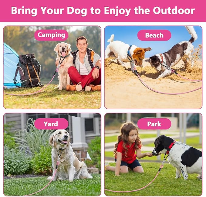 Dog Tie Out Cable 15FT-500Lbs,Heavy Duty Dog Leads&Tether for Yard with Swivel Hook,Small Large Dogs Leash Line for Outside,Rust Chew Proof Dogs Run Cable for Outdoor Camping (Pink, 15FT)