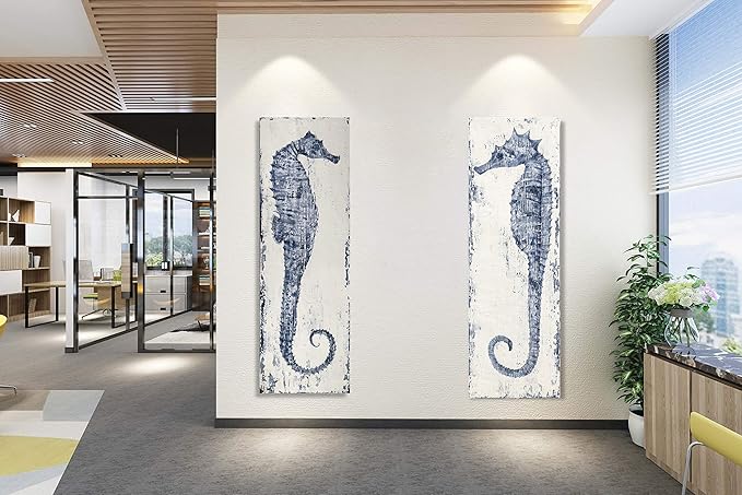 Yihui Arts Seahorse Canvas Wall Art Hand Painted Blue and White Painting Modern Coastal Pictures for Living Room Bedroom Hallway Bathroom Decoration