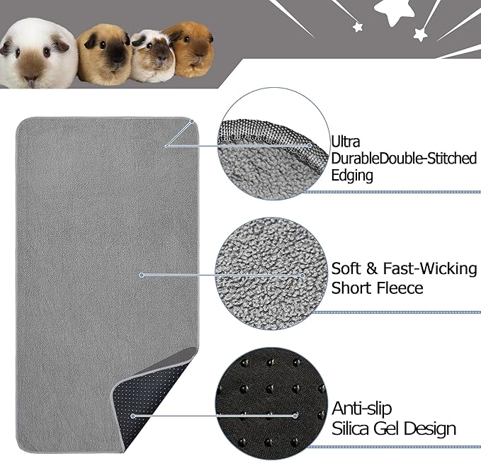 Guinea Pig Cage Liner, 2 Pack - Washable, Reusable, Leakproof Fleece Bedding Pads for Small Animals with Anti-Slip Bottom - for C&C 2X3 Area, Gray