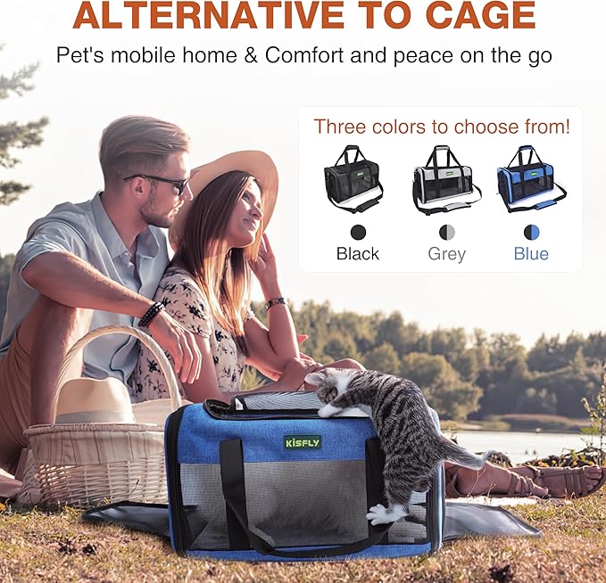 TSA Approved Pet Carrier in Cabin, 17"x11"x9.5" Soft Cat Carriers for Small Cats up to 12 lb, Top-Open Portable Dog Carrier with Litter Box and Anti-Scratch Mesh for Puppy up to 10 lb, Blue