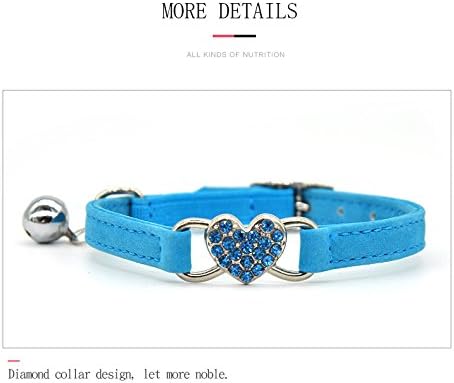 CHUKCHI Pink Soft Velvet Safe Cat Adjustable Collar with Crystal Heart Charm and Bells 8-11 Inches (Blue)