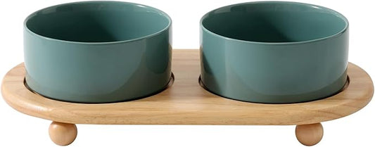 Ceramic Elevated Dog Bowls, Food and Water Bowls for Dogs, Puppy, Raised Dog Dish, Pet Feeder(6inch, 2 x Dark Green + Stand)
