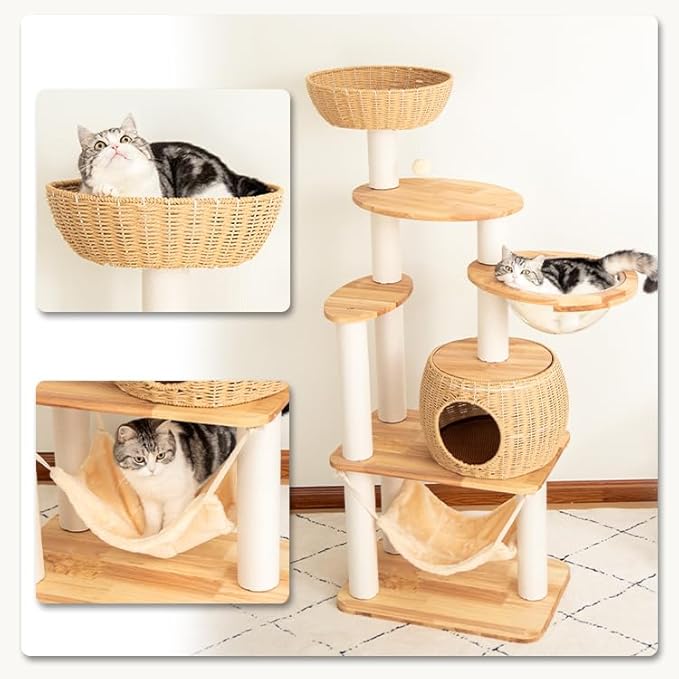 57'' Cat Tower for Large Cats, Manual Hand Woven Modern Multi-Level Condo with Natural Wood, Cat Activity Centre for Medium and Big Pets