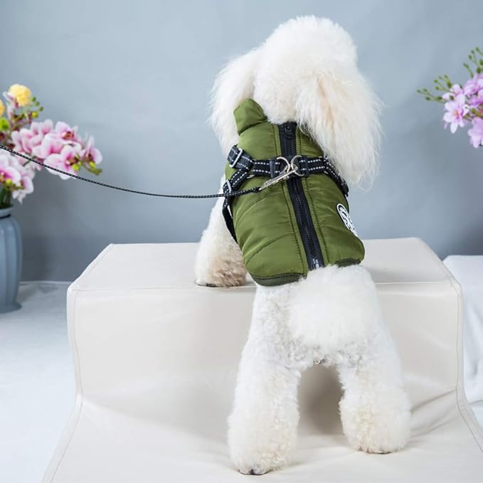 HDKUW Small Dog Jacket, Small Dog Coat Harness Winter Warm Vest Jacket Waterproof Cotton Costume for Puppy Small Dogs (S, Green)