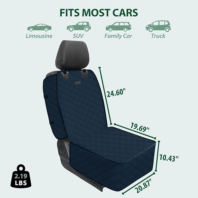 Dog Car Front Seat Cover with Side Flaps & Buckle Straps for Pet, 100% Waterproof 600D Oxford Single Seat Protector Heavy Duty Quilted Scratch Proof, Universal Size for SUV Truck, Blue