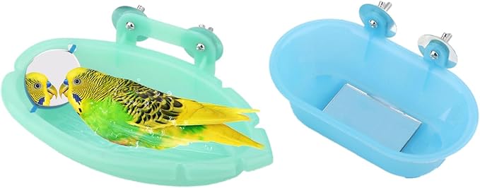 Wontee Bird Bath Box with Mirror Portable Parrot Hanging Bathroom Bathing Tub for Small Birds Cleaning Supplies (Blue(B)+Green)