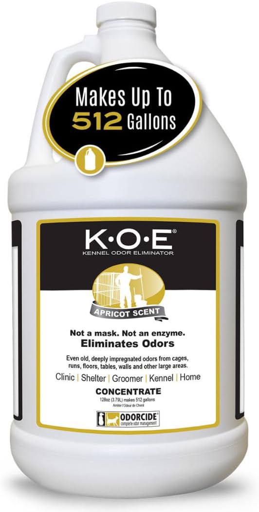 Odorcide K.O.E. Apricot Odor Eliminator Concentrate 128 oz for Strong Odor for Cages, Runs & More – Pet Odor Eliminator for Home & Kennel w/Safe, Non-Enzymatic Formula
