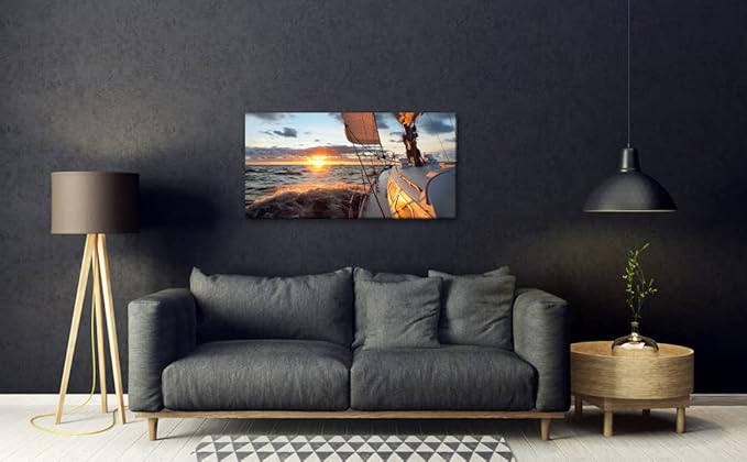 Yacht Sailing in Sea at Sunset Scenery Canvas Wall Art for Living Room Bathroom,Close-up View of Deck Mast Sails Picture Print Artwork Painting Decor,Epic Seascape Scenic Landscape,Inner Frame 20x40