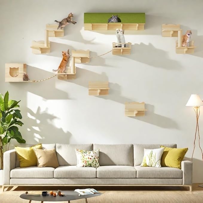 Cat Wall Shelves, Cat Wall Furniture Pine Wooden Feline Shelf, 16 Piece Feline Shelves and Perches with Condos, House, Steps, Bridge Ladder, Scratching Post and Tunnel