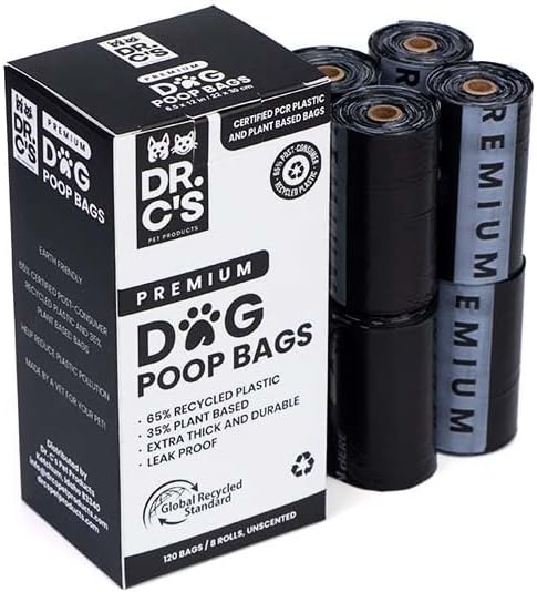 Certified 65% PCR (Post Consumer Recycled) Plastic and 35% Plant Based Dog Poop Bags - Dr. C's Premium Dog Poop Bags - 120 Bags / 8 Rolls, Extra thick, Leak Proof, Unscented, Earth Friendly