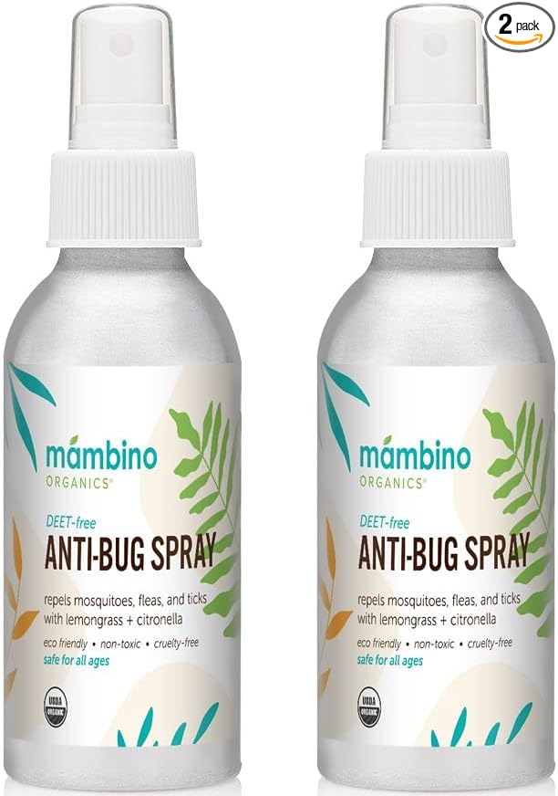 Anti-Bug Spray DEET-Free – Organic, All-Natural Bug Spray Travel Size with Essential Oils – Non-Toxic, Reef Safe, Face-Safe Bug Repellent for Babies, Kids, Adults by Mambino Organics, 4oz 2-Pack