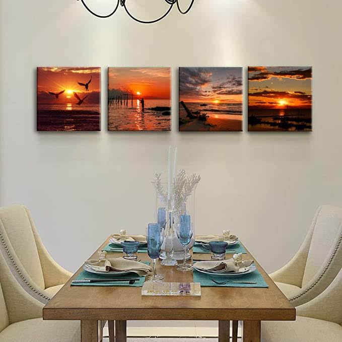 Yxbhhym-Black and Red Ocean Wall Art Beach Pictures Sea Sunset Wall Art Sunrise canvas prints photos Seascape poster painting Framed wall decor Bedroom Living Room Decor Bathroom Accessories