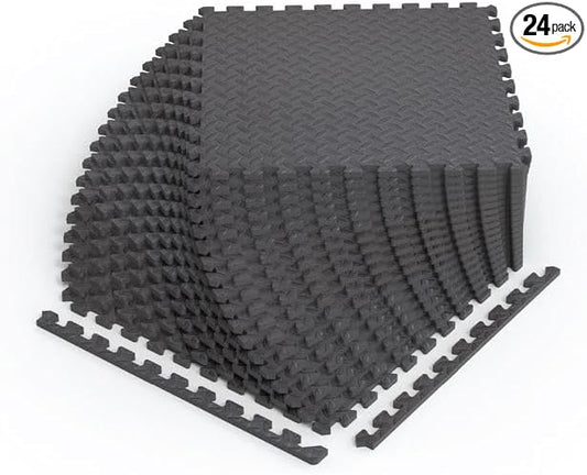 Norsk Foam Floor Gym Mats with Interlocking Tiles, .47" Thick, 24"x24", 24-Pack, 96 Square Feet, Diamond Plate Design, Grey