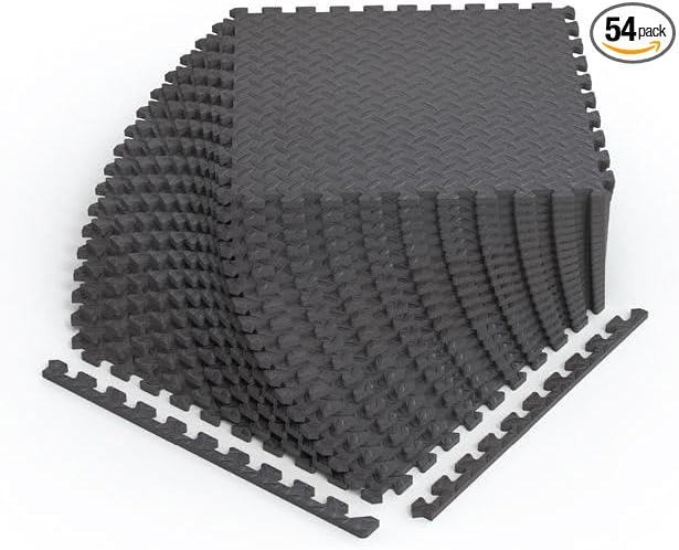 Norsk Foam Floor Gym Mats with Interlocking Tiles, .47" Thick, 24"x24", 54-Pack, 216 Square Feet, Diamond Plate Design, Grey