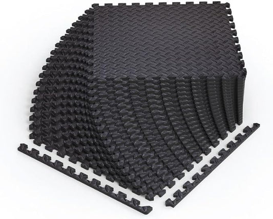 Norsk Foam Floor Gym Mats with Interlocking Tiles, .47" Thick, 24"x24", 18-Pack, 72 Square Feet, Diamond Plate Design, Black