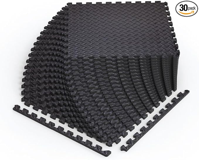 Norsk Foam Floor Gym Mats with Interlocking Tiles, .47" Thick, 24"x24", 30-Pack, 120 Square Feet, Diamond Plate Design, Black