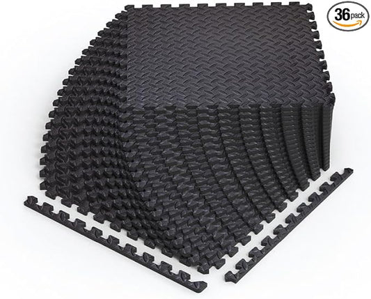 Norsk Foam Floor Gym Mats with Interlocking Tiles, .47" Thick, 24"x24", 36-Pack, 144 Square Feet, Diamond Plate Design, Black