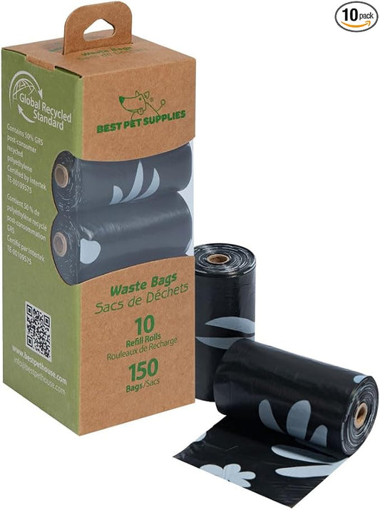 Best Pet Supplies Poop Bags for Dogs, 50% Post-Consumer Recycled Content dog waste bags on rolls, fits all poop bag holders for leashes - Black, 150 Count, Unscented