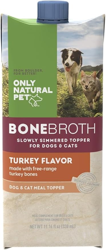 Only Natural Pet Bone Broth Turkey Flavor Dog & Cat Meal Topper, 100% Human-Grade Slow-Simmered, Free-Range for Dry Food or to Hydrate Dehydrated Food - (2-Pack / 11.16 oz Each)
