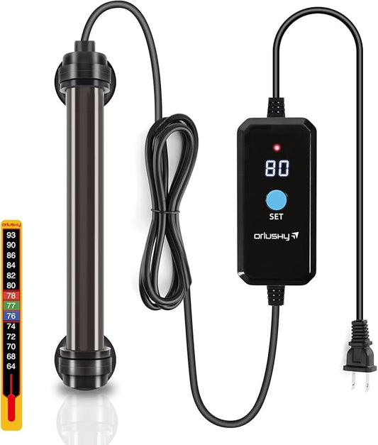 Orlushy 50W Submersible Mini Fish Tank Heater, Adjustable Aquarium Heater with Digital Display External Controller, Overheat Protection and Free Thermometer for 5-10 Gallon Freshwater & Saltwater Tank