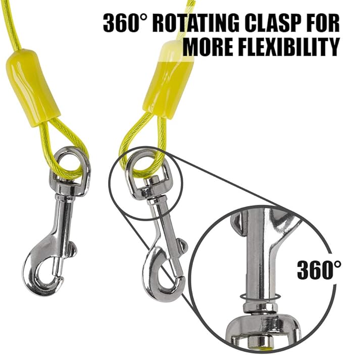 BV Dog Tie Out Cable 15 Feet - Heavy Duty Dog Lead Up to 35 Pounds - Reflective & Rust-Free with Quick Release Swivel Clips & 360° Rotating Clasp - Tangle-Free Dogs Runner for Yard (Yellow, Single)