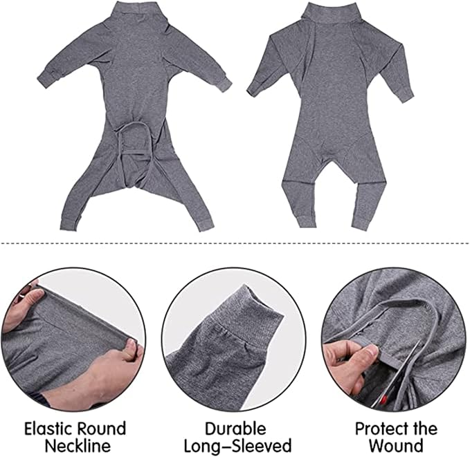 Dog Recovery Suit, Abdominal Wound After Surgery Wear, Prevent Licking Wounds, E-Collar & Cone Alternatives, Long Sleeve Postoperative Shirts Dog Bodysuit Prevent Shedding(Medium, Grey)