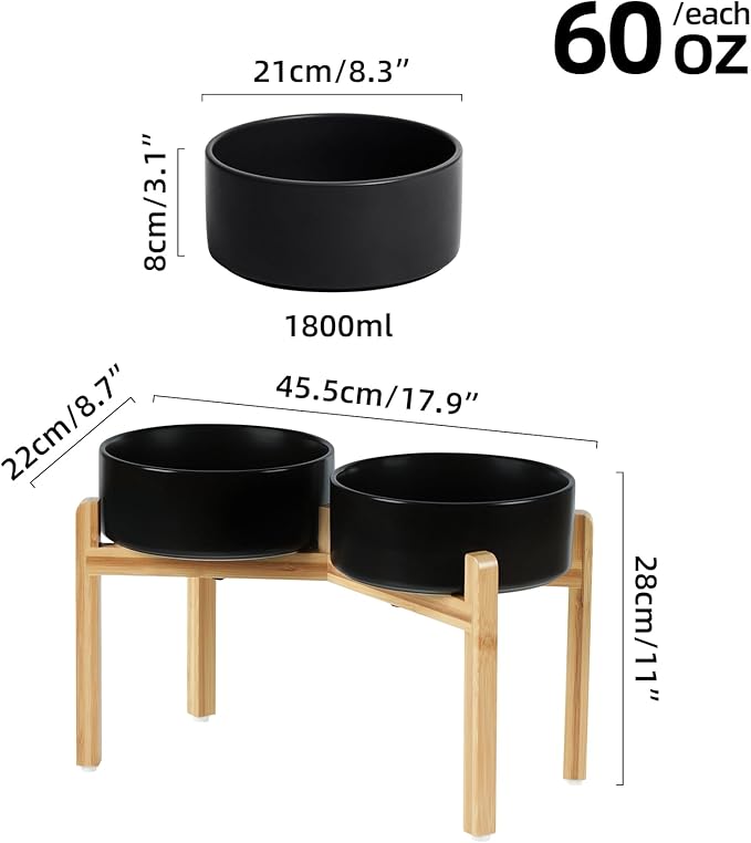 Ceramic Raised Double Bowls Set with Stand, Food & Water Bowls for Large Breed Dogs, Weighted Dog Dishes, Pet Bowl(8.2'',60OZ, Black)