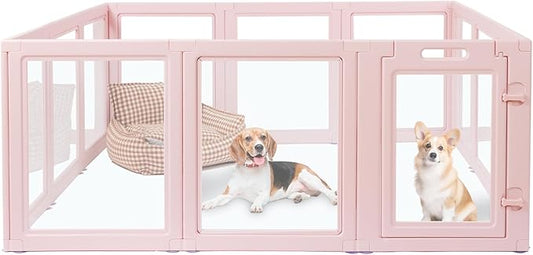 DIY Clear Acrylic Dog Playpen House,Quick Easy Assembly and Disassembly,Strong Floor Suction,Indoor and Outdoor Use,Easy Cleansing Puppy Fence (Skin Pink, 23.6" H, 12PCS)