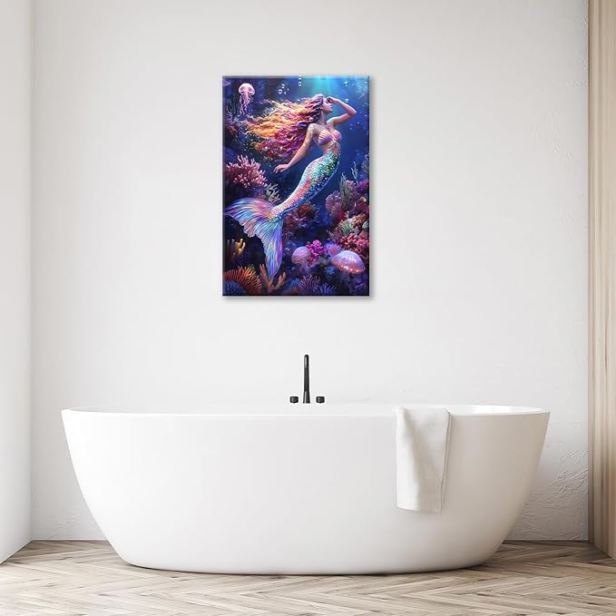 Sea Mermaid Bathroom Pictures Wall Art, Ocean Mermaid Bathroom Wall Decor, Aesthetics Framed Painting Canvas Artwork for Bedroom Living Room Decorations 24"L x 16"W