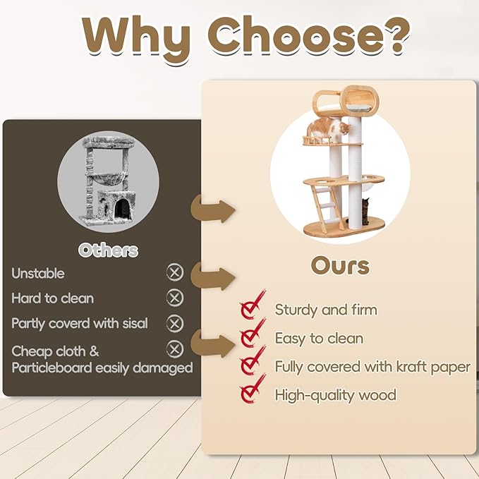 63'' Tall Modern Cat Tree for Indoor Cats, Luxury Cat Tree, Multi-Level Wood Climb Tower for Large Cat, Heavy Duty Kitty House with Transparent Bowl, Large Perches with Removable Cushion