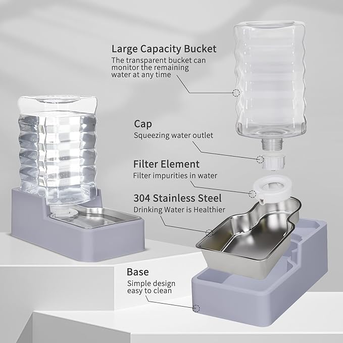 Automatic Pet Water Dispenser: 8L Light Gray Gravity Feeder with Stainless Steel Bowl - BPA-Free for Dogs Cats - No Spill Design