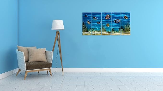 SYGALLERIER School Of Fish Metal Wall Art Handcrafted 3D Coastal Aluminum Artwork Modern Abstract Sea Styles Wall Accent in Blue Green Silver Color for Living Room Bedroom Bathroom Decor