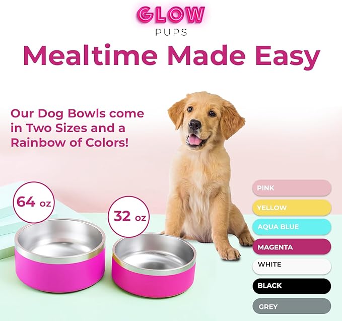 Bright Pink Dog Bowl for Small Dogs, 32 oz Non Slip Stainless Steel Pet Bowl, Vacuum Insulated Pet Bowl That Keeps Water Cool (32 oz, Bright Pink)