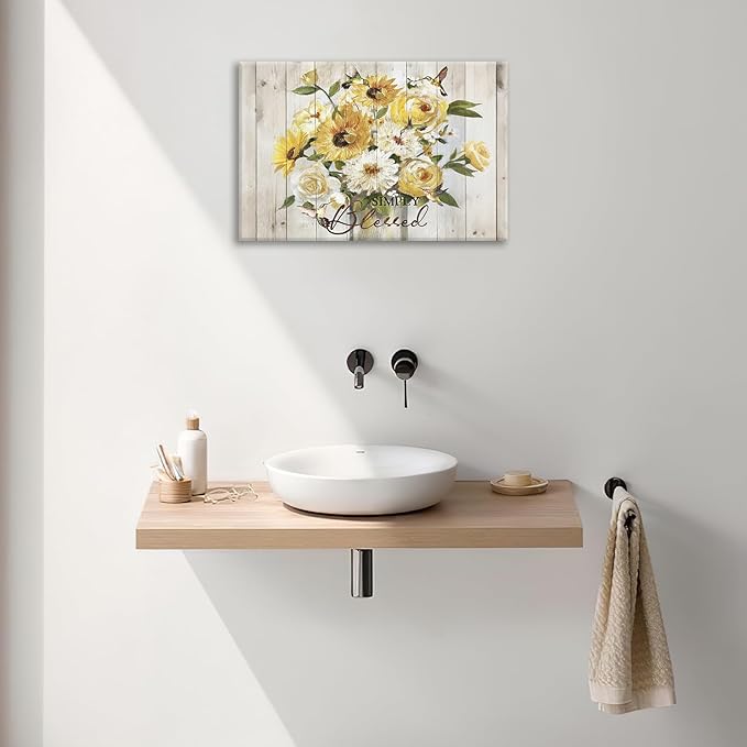 Sunflower Bathroom Pictures Wall Art, Simple Blessed Floral Bathroom Wall Decor, Flower Framed Painting Canvas Artwork for Bedroom Living Room Decorations 24"L x 16"W