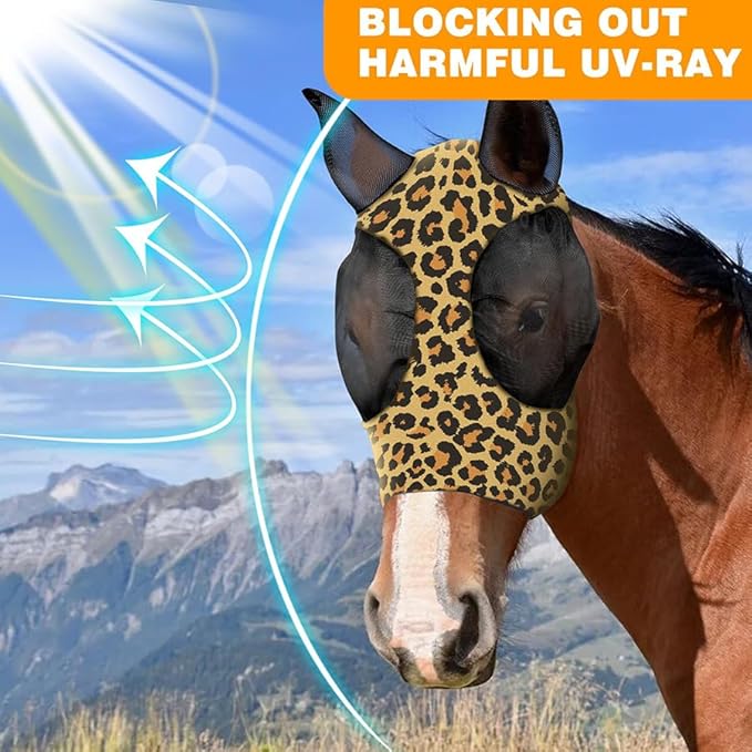 Horse Fly Mask with Ears - Comfort Fit, Durable & Breathable, Easy to on/Off | UV Protection, Large Eye Space, Stretchy Leopard Print (2pcs Medium, Tangle-Free)